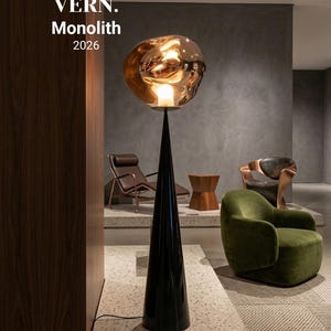 Lámpara de pie escultural, iluminación brutalista de cono negro, lámpara de pie con globo de cristal ámbar, decoración minimalista moderna para sala de estar, monolito