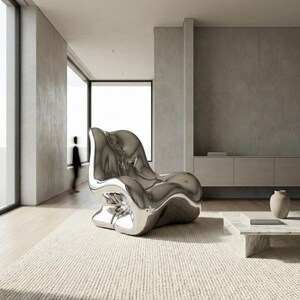 May include: A modern, sculptural chair with a polished chrome finish. The chair has an organic, flowing shape and sits on a neutral-colored rug in a minimalist living space. The room features large windows and a neutral color palette.