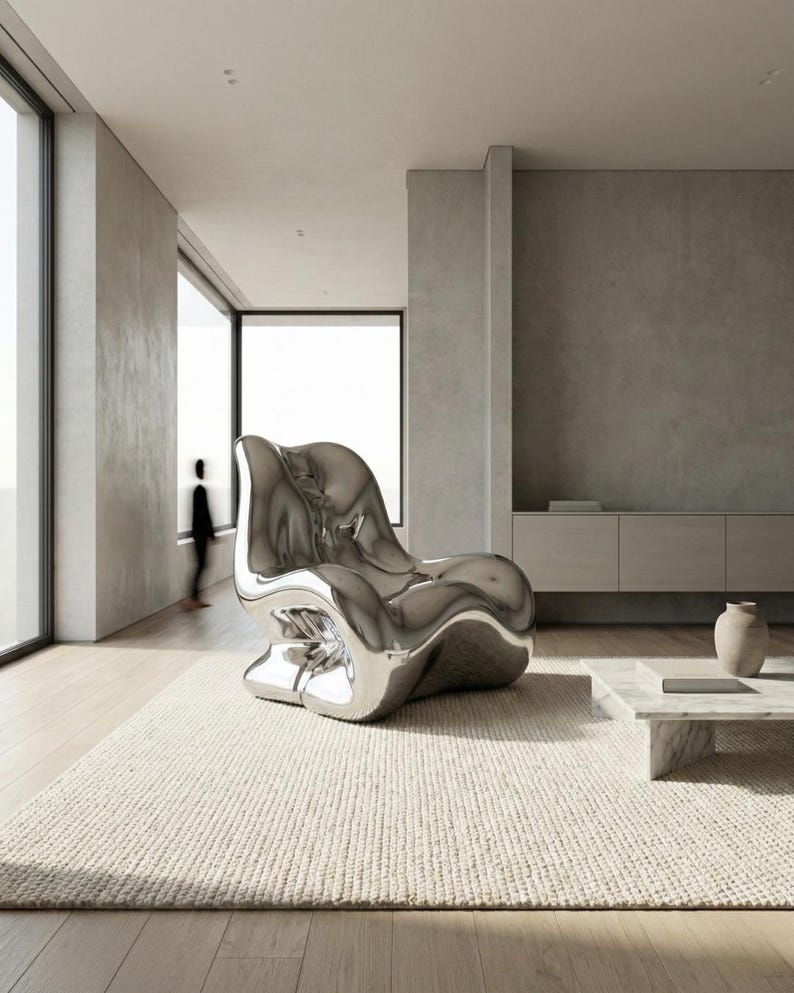 May include: A modern, sculptural chair with a polished chrome finish. The chair has an organic, flowing shape and sits on a neutral-colored rug in a minimalist living space. The room features large windows and a neutral color palette.