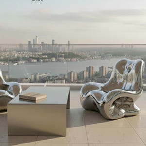 May include: A modern outdoor scene featuring two chrome chairs and a square table. The chairs have a unique, flowing design. A book rests on the table. The text "VERN. Mercurial 2025" is visible in the image. The background shows a cityscape.
