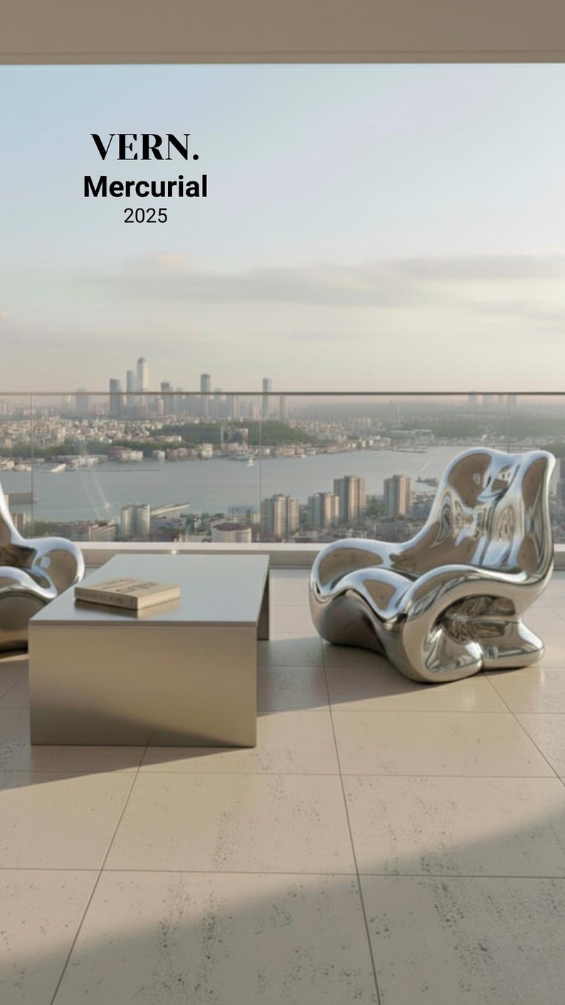 May include: A modern outdoor scene featuring two chrome chairs and a square table. The chairs have a unique, flowing design. A book rests on the table. The text "VERN. Mercurial 2025" is visible in the image. The background shows a cityscape.