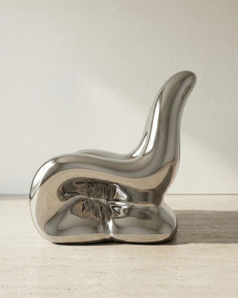 May include: A modern, sculptural chair with a polished, reflective silver finish. The chair has an organic, flowing form, with a rounded base and a curved backrest. The design is minimalist and contemporary, suitable for interior decor.