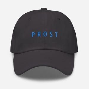 May include: A black baseball cap with the word "PROST" embroidered in blue across the front. The cap has a curved brim and a button on top. A casual accessory.
