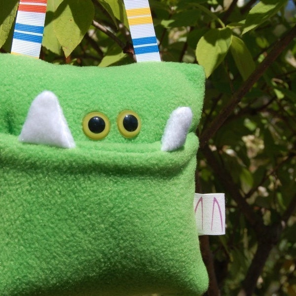 Lime Green Monster Tooth Fairy Pocket Pillow with Multicolored Striped Ribbon