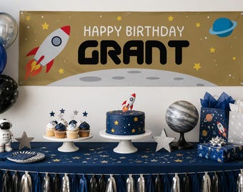 Outer Space Rocket Ship Birthday Banner Canva Template Mockup | Instant Download | 6x2 ft