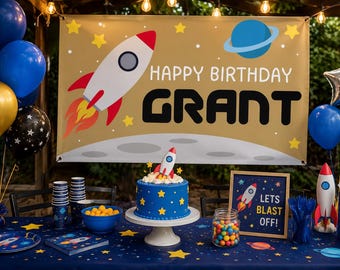Outer Space Rocket Ship Birthday Banner Canva Template Mockup | 5x3 ft | Instant Download