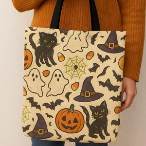 Spooky Halloween Tote Bag With Pocket – All Over Print Witchy Ghost Trick Or Treat Bag – Creepy Cute Reusable Canvas Tote