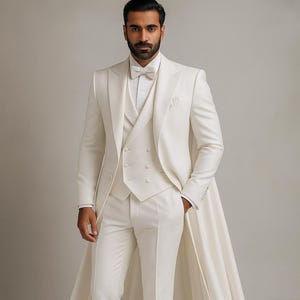 May include: Ivory three-piece suit with a long cape. The suit includes a double-breasted waistcoat, a bow tie, and a pocket square. The tailored suit is a formal wear ensemble.