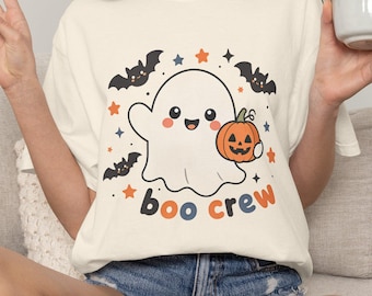 Boo Crew Shirt, Kawaii Geister-Halloween-T-Shirt für Damen, süßes Kürbis-Fledermaus-Shirt in bequemen Farben, passendes Halloween-Geschenk für die ganze Familie