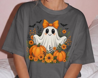 Cute Ghost Shirt Women, Floral Halloween Tee, Coquette Ghost Bow Pumpkin Shirt, Fall Ghost Shirt, Oversized Spooky Season Shirt, Cute Gift