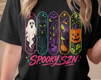 Gruseliges T-Shirt, Neon-Tarot-Panel-Halloween-Shirt, leuchtendes Hexen-Shirt mit schwarzer Katze und Kürbis in bequemen Farben, farbenfrohes Geschenk zur Y2K-Gruselsaison