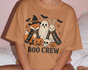 Boo Crew Shirt, süßes Halloween-T-Shirt für Damen mit Tiermotiven, Vintage-Shirt mit Fuchs, Geist und Hase, Retro-T-Shirt in herbstlichen Wohlfühlfarben, skurriles Geschenk für die Gruselsaison