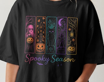 Halloween-Shirt mit Gruselmotiv, Neon-Halloween-Shirt für Damen, buntes Geister-Hexen-Shirt mit schwarzer Katze, Oversize-Halloween-Shirt, süßes Herbstgeschenk mit gruseliger Stimmung