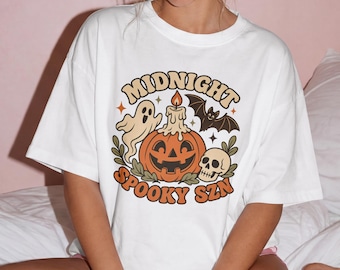 Halloween-Shirt „Mitternachts-Gruselzeit“, Retro-Halloween-T-Shirt für Damen, Vintage-Shirt mit Geisterkürbis und Totenkopf, lässiges T-Shirt in gruseligen Farben, Herbstgeschenk