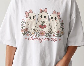 Süßes Geister-Shirt mit Kirsch-Motiv, niedliches rosa Geister-T-Shirt mit Schleife für Damen, pastellfarbenes Blumenmuster für Halloween, zauberhaftes Geschenk für Mädchen zur Gruselsaison