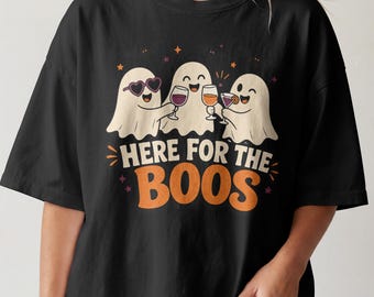 Hier für die Geister! Lustiges Geister-Halloween-T-Shirt für Damen, Retro-Shirt mit trinkendem Geist in bequemen Farben, Party-T-Shirt für die Gruselsaison, Herbstgeschenk