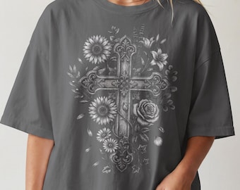 Floral Kreuz Shirt, Vintage Christian Tee, Skizze Kreuz Sonnenblume Rose Shirt, Cottagecore Glaube Geschenk, übergroßen Komfort Farben Kirche T-Shirt
