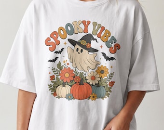 Retro-Geister-Shirt, Halloween-T-Shirt mit Hexenhut für Damen, Halloween-Shirt mit Blumen- und Kürbismotiv in gruseligen Farben, Vintage-Herbstgeschenk