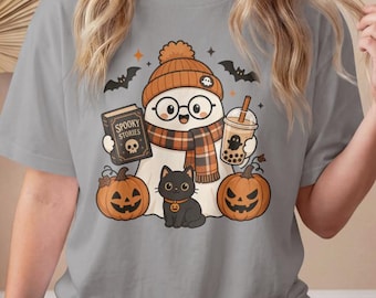 Kawaii spökskjorta, söt mysig Halloween-t-shirt för kvinnor, boklig spöke Boba kaffe höstt-t-shirt, läskiga berättelser svart katt pumpa-t-shirt, läskig gåva