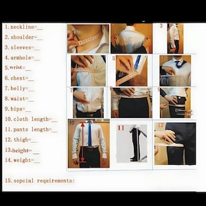 May include: A guide to taking body measurements for bespoke clothing. The image illustrates how to measure various body parts, such as the neckline, chest, and waist. A measuring tape is used to demonstrate each measurement. The text in the image includes measurement labels.