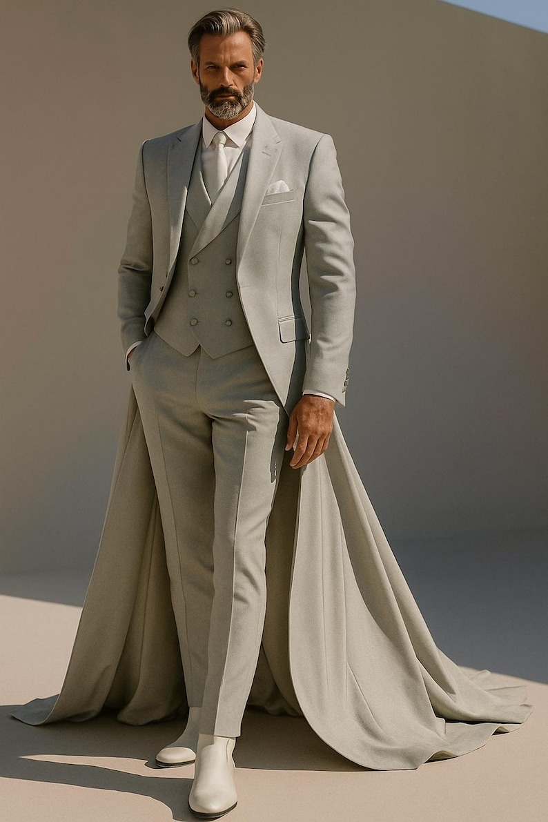 May include: A light grey three-piece suit with a long cape. The suit comprises a blazer, waistcoat, and trousers. The model wears a white shirt, tie, and white boots. The suit is made of a light-coloured fabric. The cape extends to the floor.