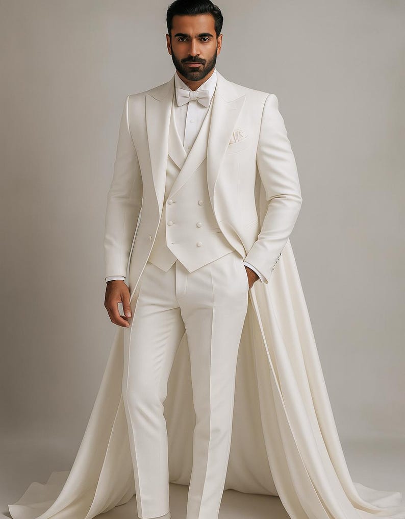 May include: Ivory three-piece suit with a long cape. The suit includes a double-breasted waistcoat, a bow tie, and a pocket square. The tailored suit is a formal wear ensemble.