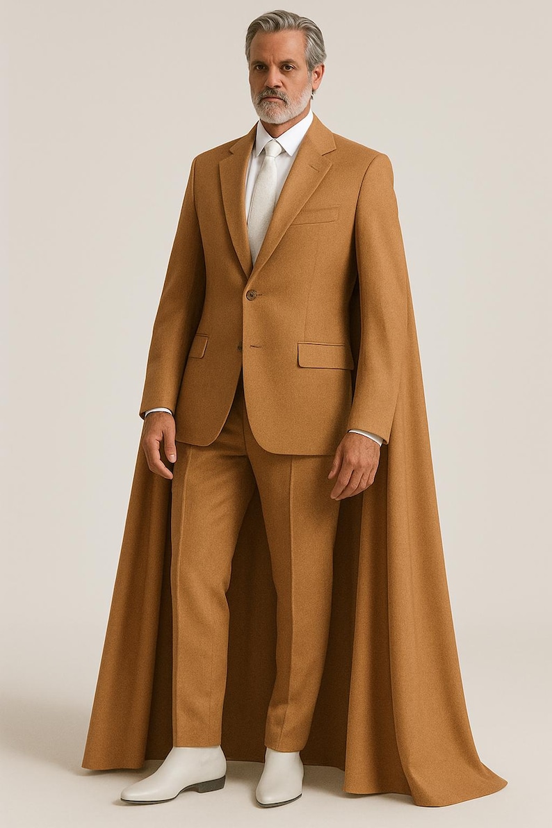 May include: A tan suit with a matching cape. The suit includes a blazer, trousers, and a white dress shirt with a light-colored tie. The model is wearing white boots. The suit is a solid color and has a classic design.