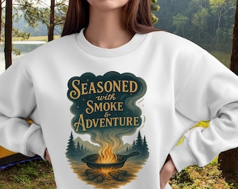 Gekruid met Smoke & Adventure-sweater | Campingwandelen met ronde hals voor buitenliefhebbers, gezellige kampvuurtrui