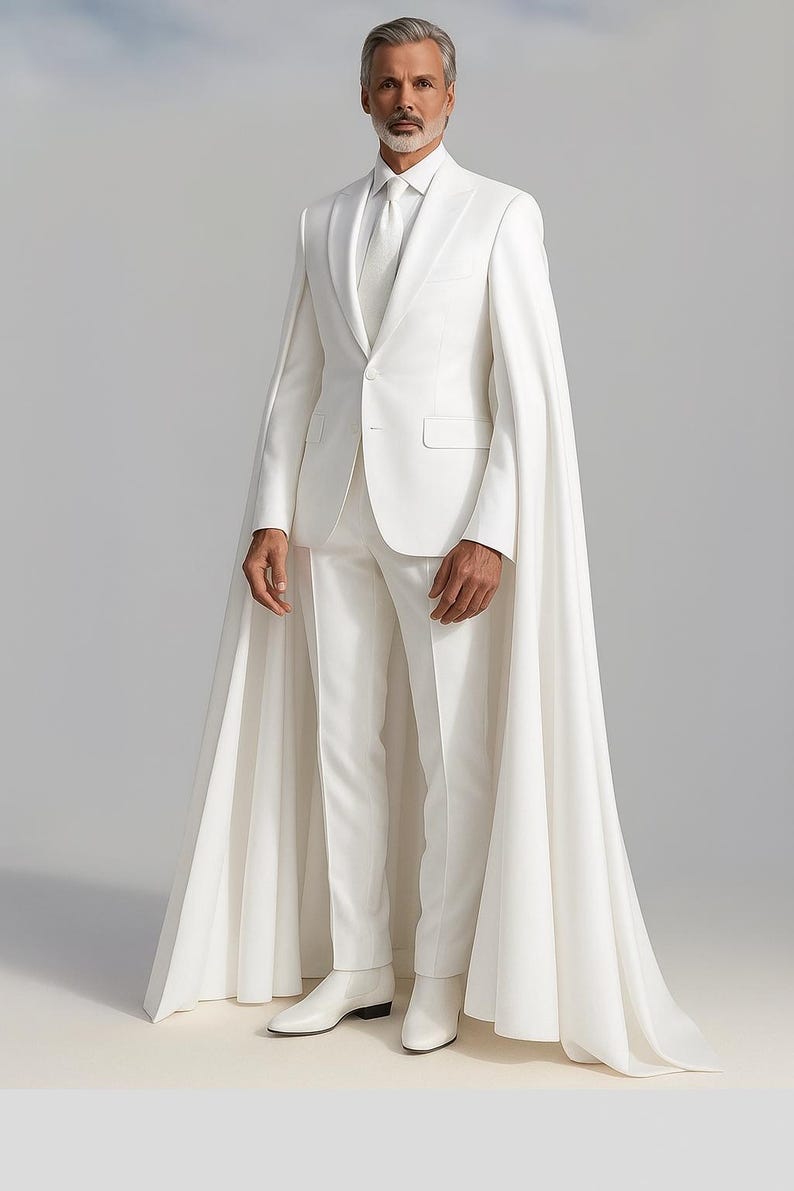 May include: A formal white suit with a matching cape. The suit includes a blazer, trousers, and a tie. The cape flows down to the floor. The person is wearing white boots. The background is a solid light gray.
