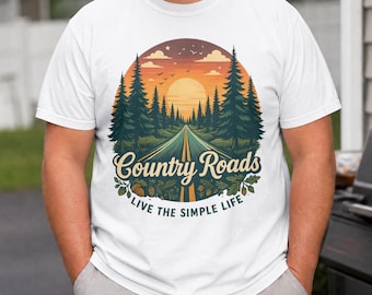 Country Roads Shirt, Lebe das einfache Leben T-Shirt, Retro Natur T-Shirt, Vintage Sunset Forest Shirt, Comfort Colors® Camping Shirt