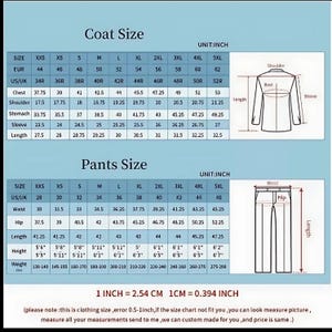 May include: A detailed size chart for coats and trousers, with measurements in inches. Includes chest, shoulder, stomach, sleeve, and length measurements for coats, and waist, hip, and length for trousers. Also shows height and weight.