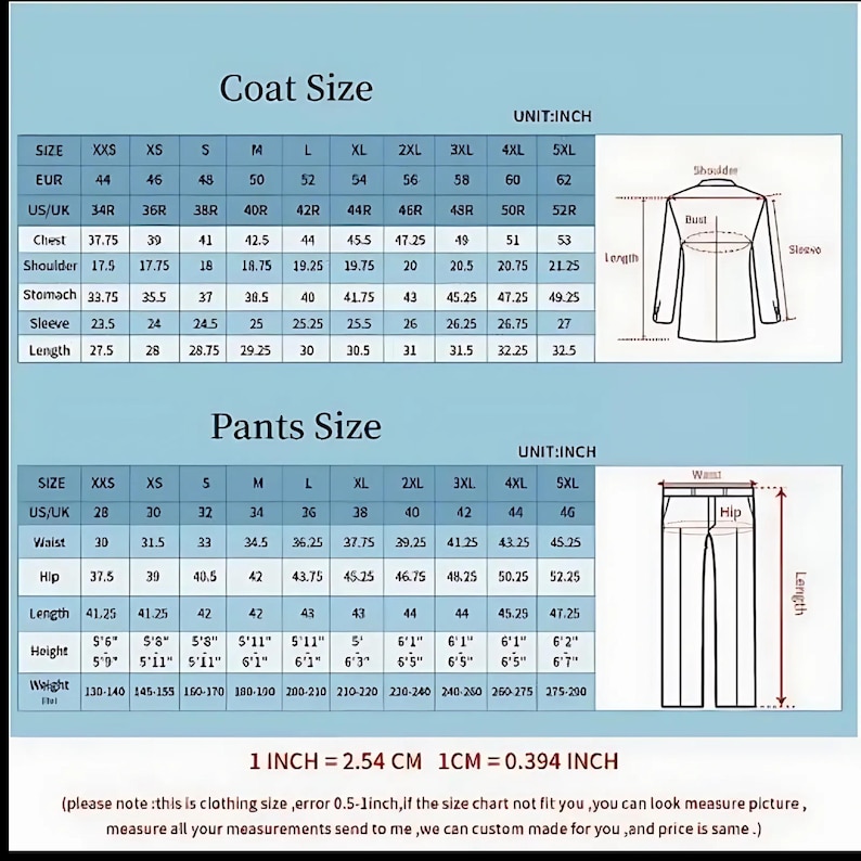 May include: A detailed size chart for coats and trousers, with measurements in inches. Includes chest, shoulder, stomach, sleeve, and length measurements for coats, and waist, hip, and length for trousers. Also shows height and weight.