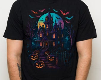 Spooky Haunted House Tee: Geist & Kürbis Halloween-Grafik-Shirt