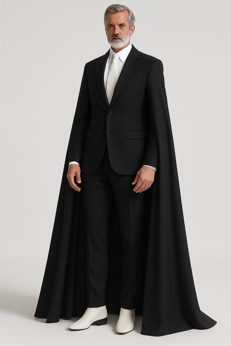 May include: A formal black suit with a matching cape. The suit includes a blazer, trousers, and a white dress shirt with a tie. The cape extends to the ankles. The person is wearing white leather boots.
