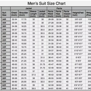 May include: Men's suit size chart with measurements in inches for chest, shoulder, sleeve, jacket length, waist, hips, inseam, height, and weight. Sizes range from 34R to 64R.