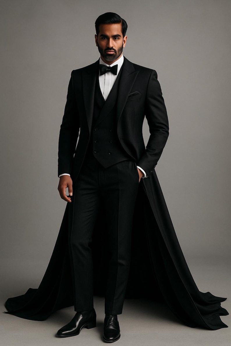 May include: A black formal suit with a long coat, white shirt, and black bow tie. The three-piece suit includes a waistcoat and tailored trousers. The man is wearing black dress shoes. The background is a plain grey.
