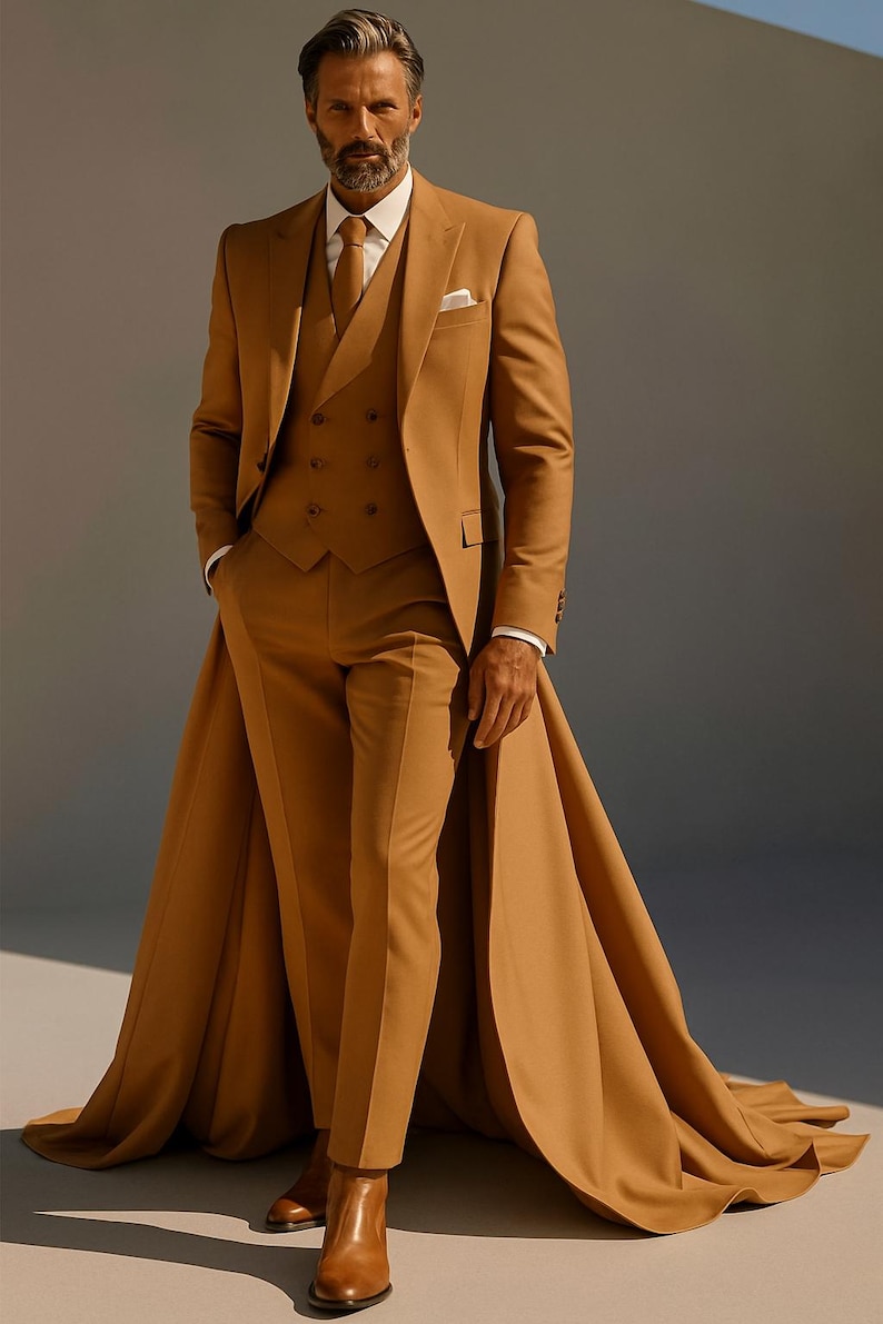 May include: A tan three-piece suit, comprising a jacket, waistcoat, and trousers. The jacket has a traditional lapel and a pocket square. The suit is worn with a white shirt and a matching tie. The trousers are straight-legged, and the suit has a long cape.