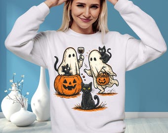 Geister & Katzen Halloween Sweatshirt | Gemütlicher Spooky Unisex Rundhalsausschnitt