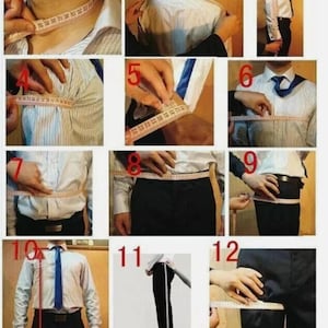 May include: A series of twelve images demonstrating how to measure a person for a tailored suit. The images show measurements being taken around the neck, shoulders, chest, waist, arm, and inseam using a measuring tape. The person is wearing a white dress shirt and black pants.
