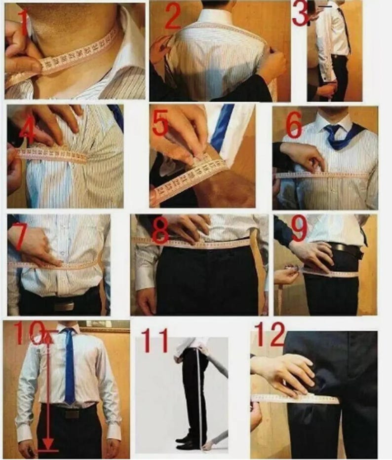 May include: A series of twelve images demonstrating how to measure a person for a tailored suit. The images show measurements being taken around the neck, shoulders, chest, waist, arm, and inseam using a measuring tape. The person is wearing a white dress shirt and black pants.