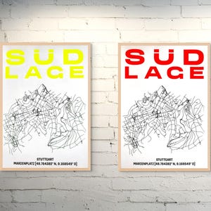 Serigrafia "SÜD LAGE" mapa Stuttgart-Süd [Marienplatz] com detalhes em neon