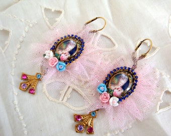 romantic vintage earrings boucles d'oreilles marie Antoinette  fait main