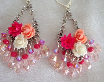 roses earrings  trio de roses d'été fait main resine et cristal