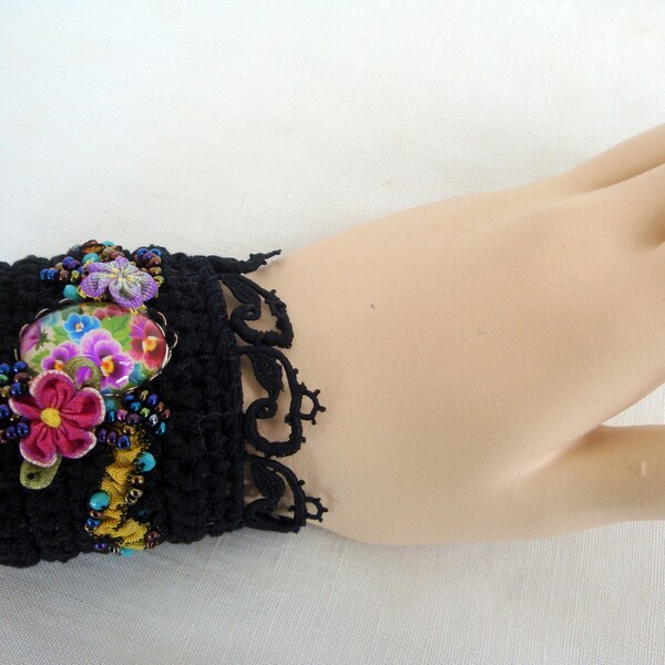 floral cuf bracelet manchette pur coton cabochon dentelle perles