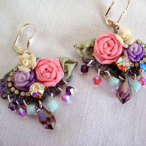roses earrings le temps des roses loops embroidery ribbon handmade