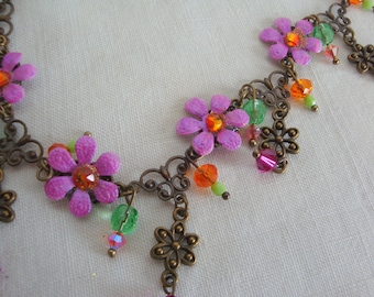 spring necklace collier fleurs roses fait main