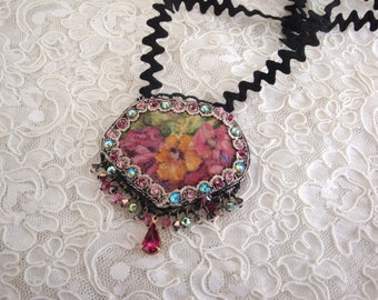 Vintage victorian floral necklace, crystal necklace and floral fabric old roses