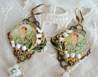 lily of the valley angel earrings  boucles d'oreilles ange dans le muguet  fait main