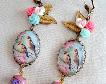 birds romantic  earrings  boucles d'oreilles florales le oiseaux au printemps