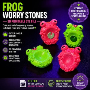 Peut inclure: Quatre pierres de souci en forme de grenouille aux couleurs rose vif et vert citron, chacune avec une indentation circulaire centrale. L'image contient le texte : FROG WORRY STONES, 3D PRINTABLE STL FILE, CUTE & UNIQUE DESIGN, PERFECT FOR DESK DECOR & DIORAMAS, 3D PRINTABLE STL FILE, GREAT FOR CRAFTING & COLLECTING, PRINT AT HOME, EASY TO PRINT, BEGINNER FRIENDLY, INSTANT DOWNLOAD.
